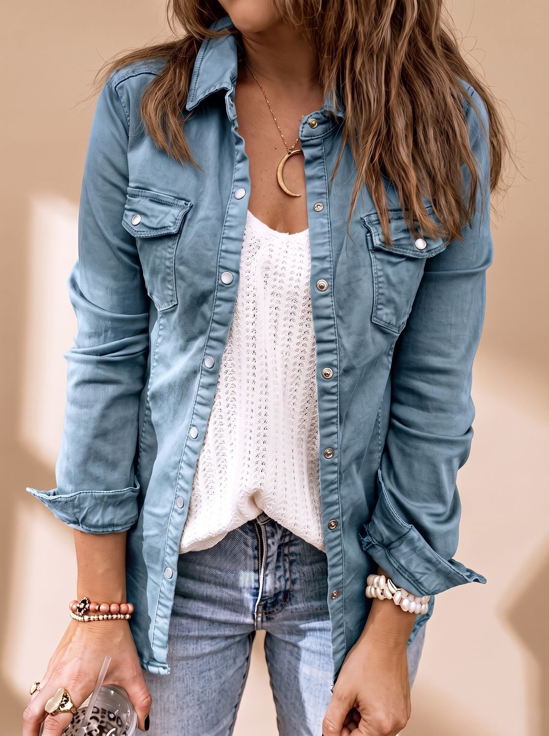 Women Denim Jacket Button Front Chest Pockets Shirt Collar | Selene