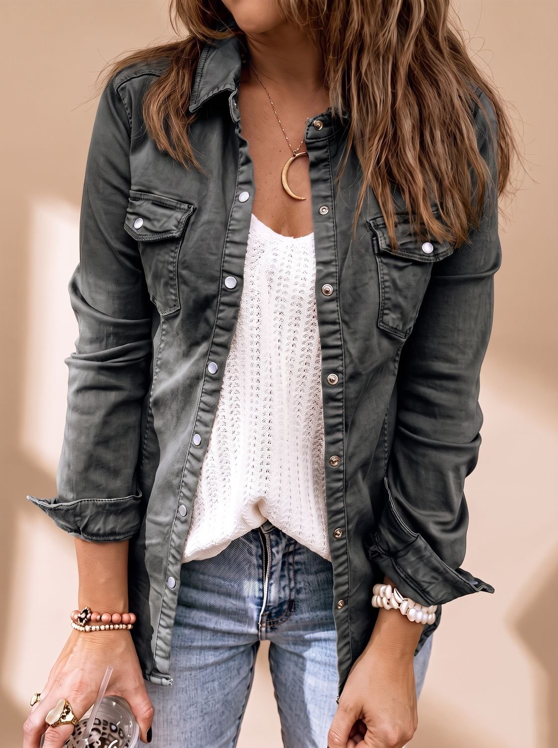Women Denim Jacket Button Front Chest Pockets Shirt Collar | Selene