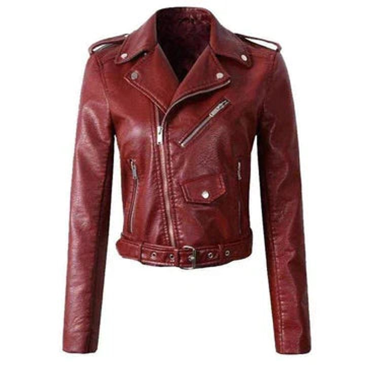 Jolie | Women's Faux Leather Biker Jacket | Zip-Up, Belted Waist | Short