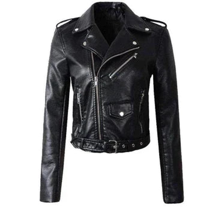 Jolie | Women's Faux Leather Biker Jacket | Zip-Up, Belted Waist | Short