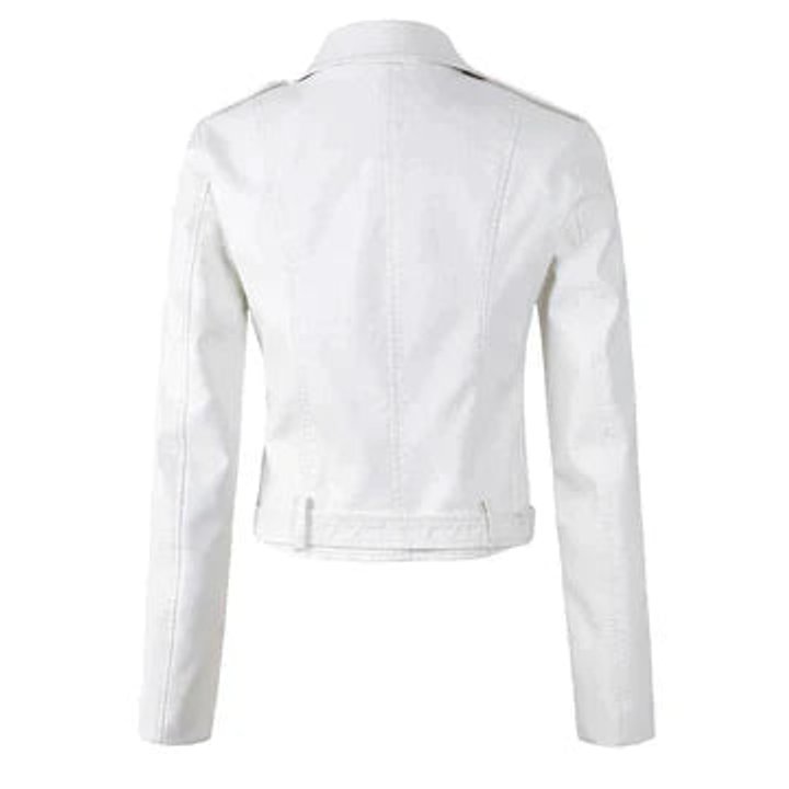Jolie | Women's Faux Leather Biker Jacket | Zip-Up, Belted Waist | Short