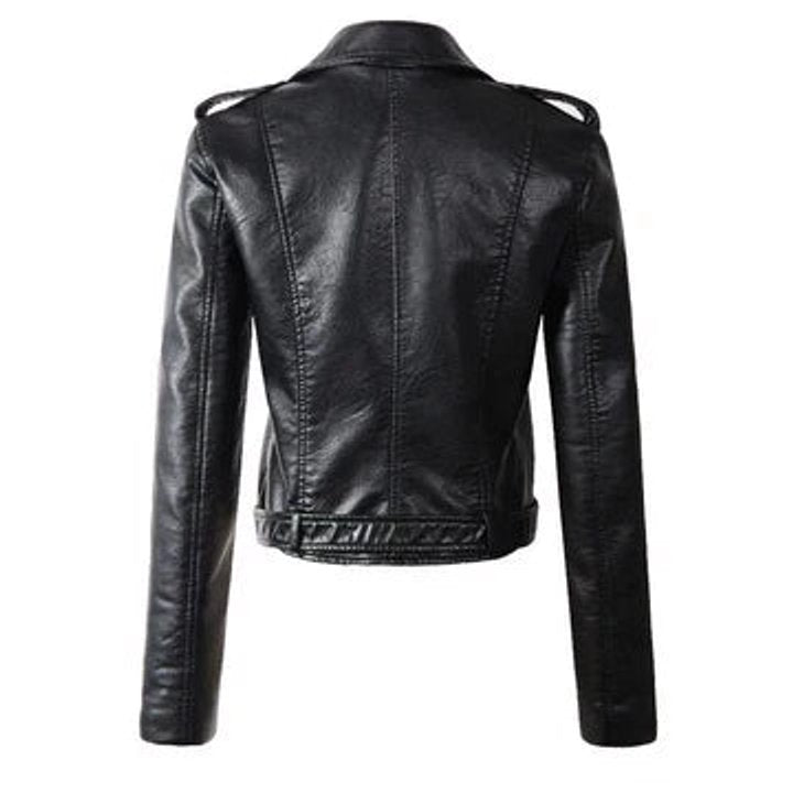Jolie | Women's Faux Leather Biker Jacket | Zip-Up, Belted Waist | Short