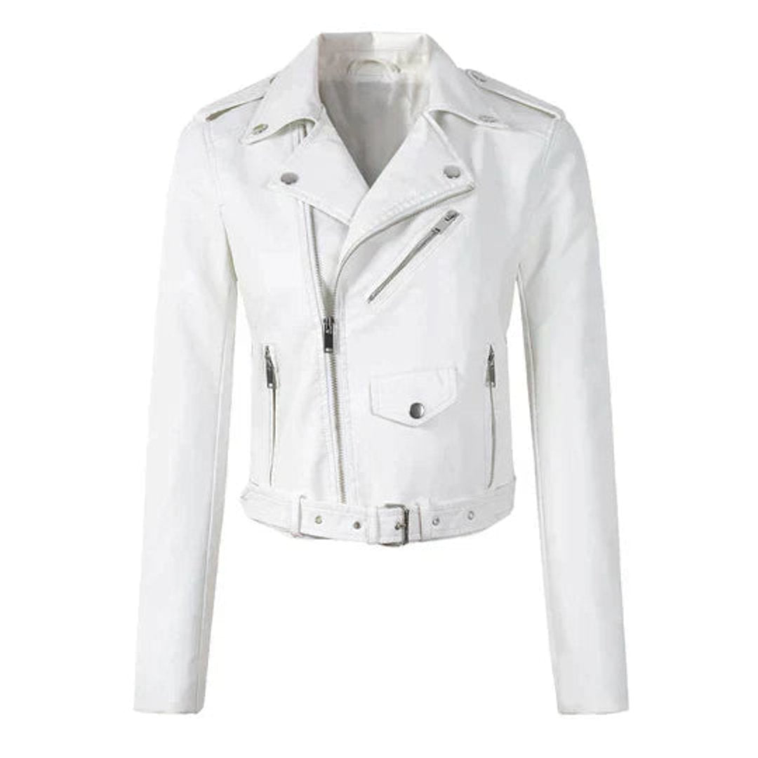 Jolie | Women's Faux Leather Biker Jacket | Zip-Up, Belted Waist | Short