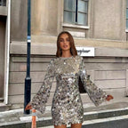 Sequin Dress Women Cocktail Mini Long Bell Sleeve Round Neck