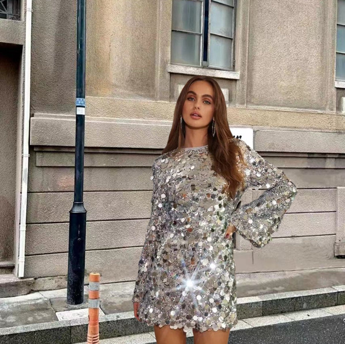 Sequin Dress Women Cocktail Mini Long Bell Sleeve Round Neck