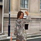 Sequin Dress Women Cocktail Mini Long Bell Sleeve Round Neck
