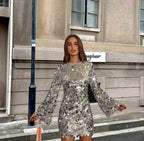 Sequin Dress Women Cocktail Mini Long Bell Sleeve Round Neck