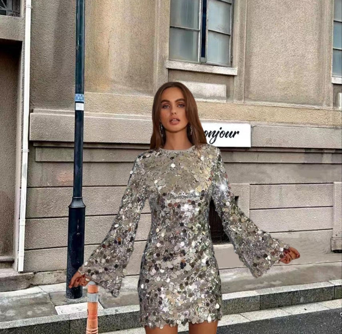 Sequin Dress Women Cocktail Mini Long Bell Sleeve Round Neck