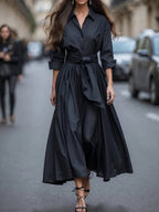 Women Maxi Shirt Dress Long Sleeve Tie Waist Belt | Wynne