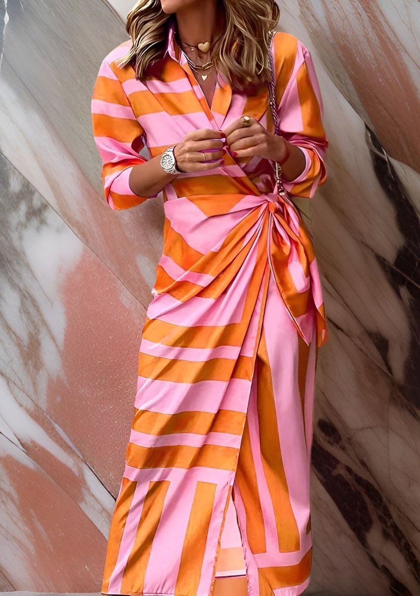 Fleur | Women's Wrap Dress | Long Sleeve, Striped, V-Neck | Midi Length