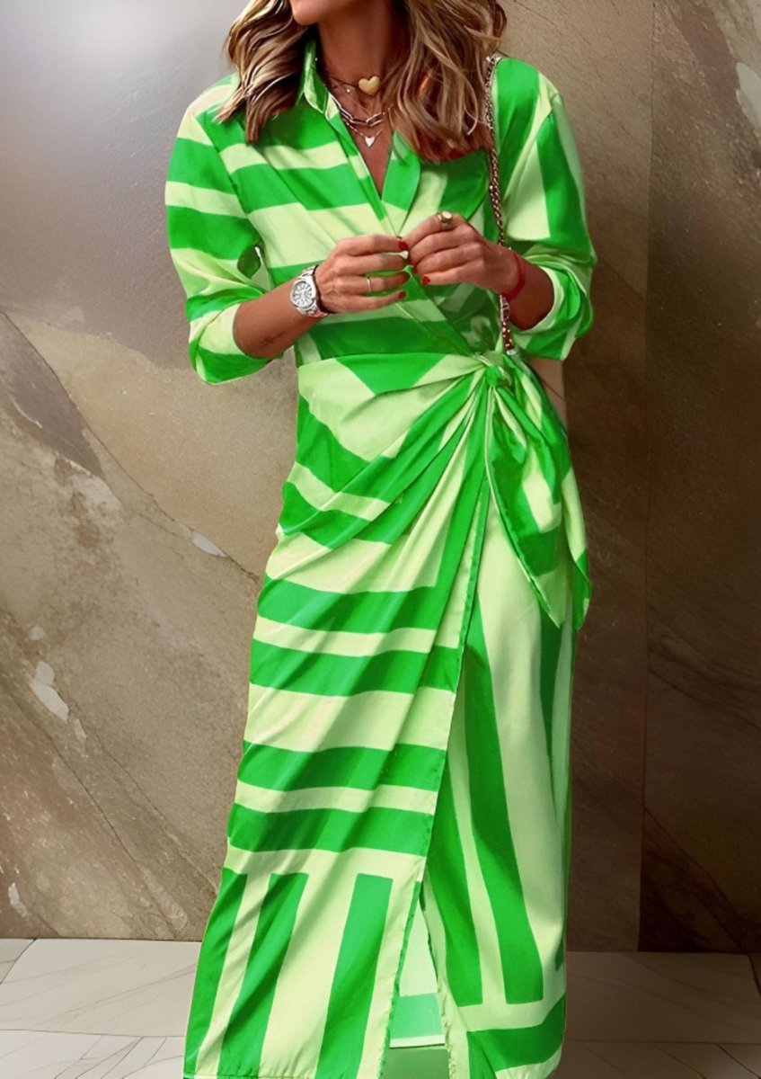 Fleur | Women's Wrap Dress | Long Sleeve, Striped, V-Neck | Midi Length