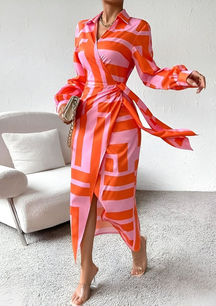 Fleur | Women's Wrap Dress | Long Sleeve, Striped, V-Neck | Midi Length