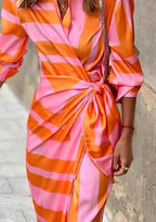Fleur | Women's Wrap Dress | Long Sleeve, Striped, V-Neck | Midi Length
