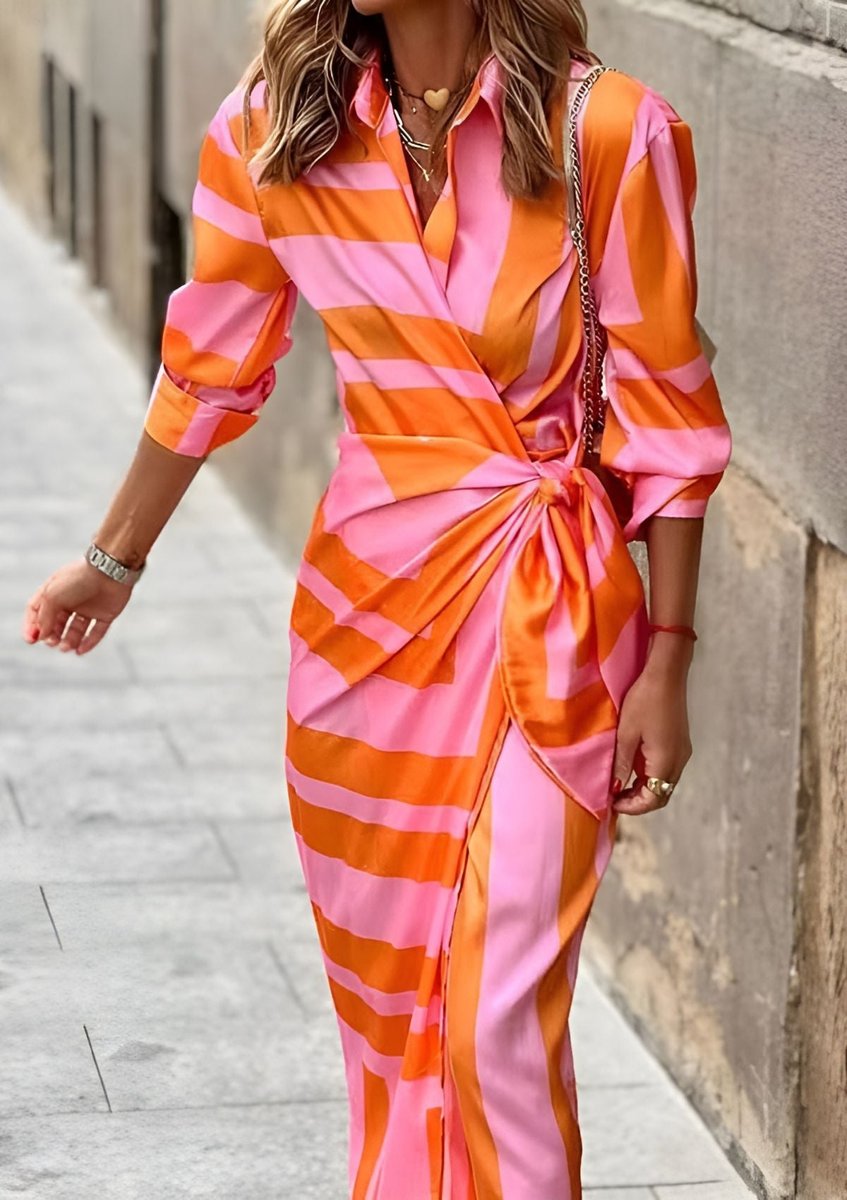 Fleur | Women's Wrap Dress | Long Sleeve, Striped, V-Neck | Midi Length