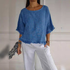 Women's Linen Blouse | Round Neck, Fringe Trim, Loose Fit | Liora