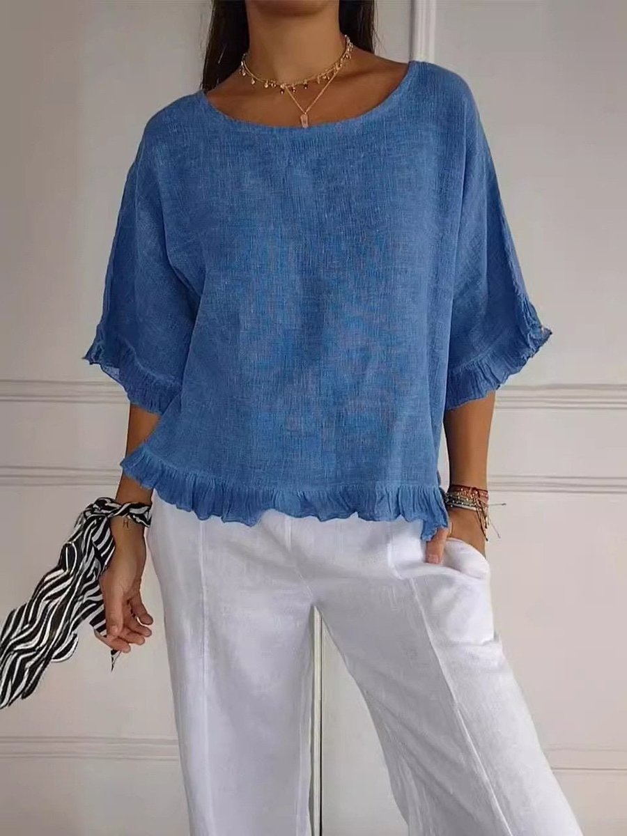 Women's Linen Blouse | Round Neck, Fringe Trim, Loose Fit | Liora