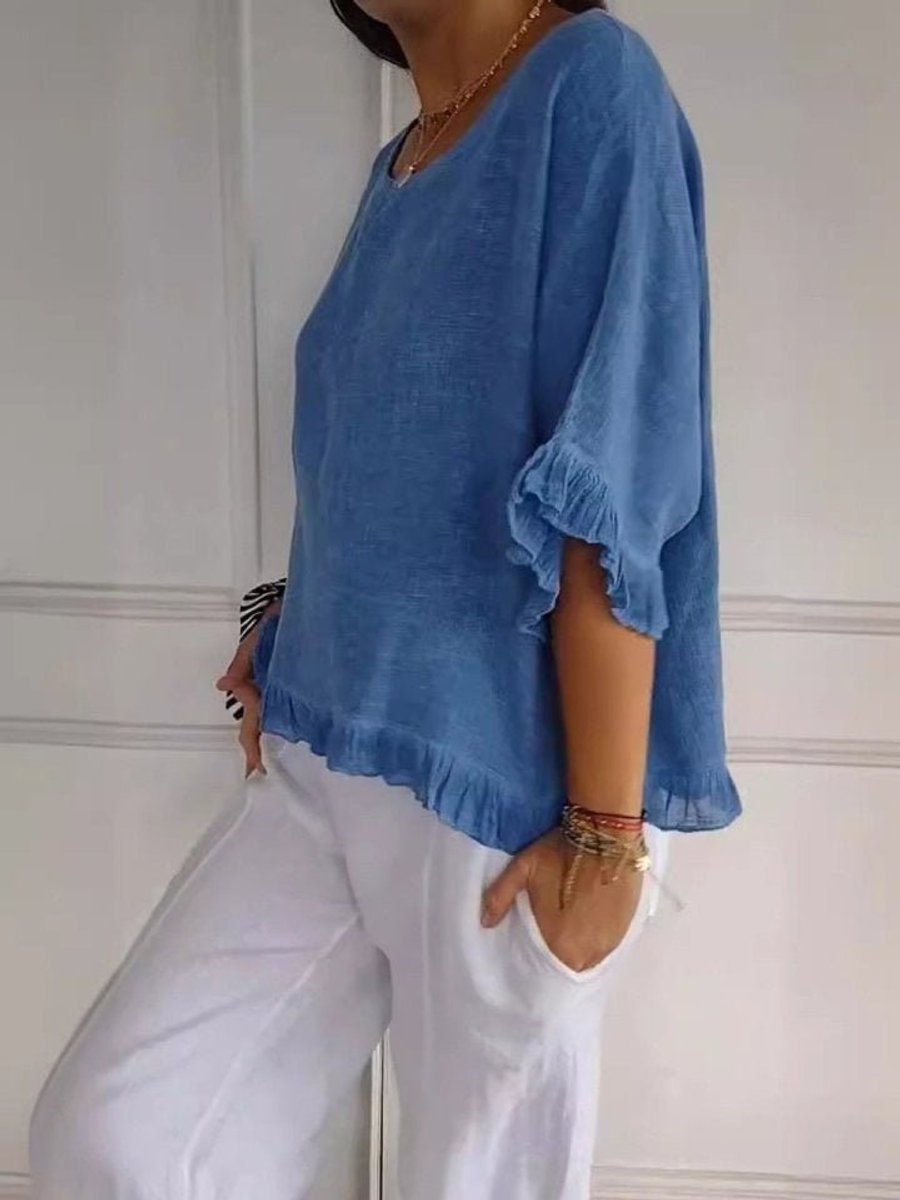 Women's Linen Blouse | Round Neck, Fringe Trim, Loose Fit | Liora