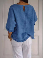 Women's Linen Blouse | Round Neck, Fringe Trim, Loose Fit | Liora