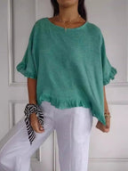 Women's Linen Blouse | Round Neck, Fringe Trim, Loose Fit | Liora