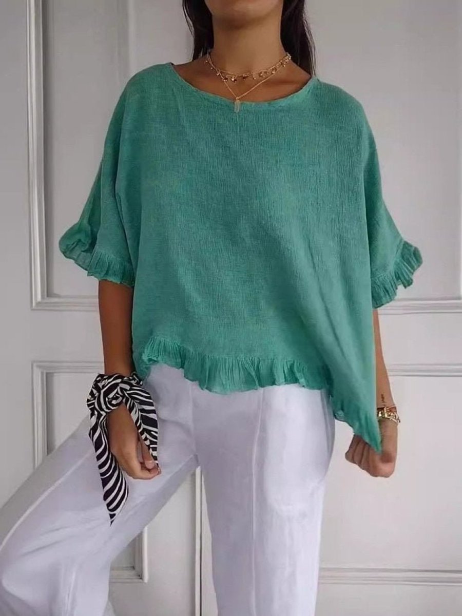 Women's Linen Blouse | Round Neck, Fringe Trim, Loose Fit | Liora