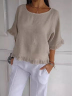 Women's Linen Blouse | Round Neck, Fringe Trim, Loose Fit | Liora
