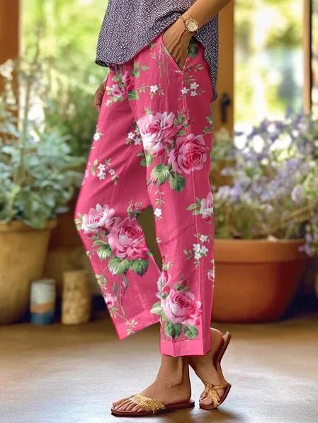 Women Floral Wide Leg Trousers Mid Rise with Pockets