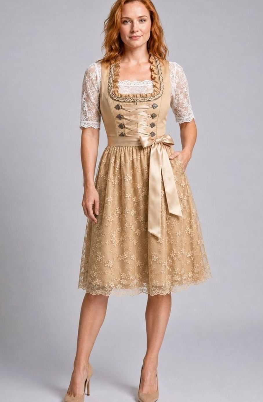 Women Floral Lace Dirndl Dress Lace-Up Bodice