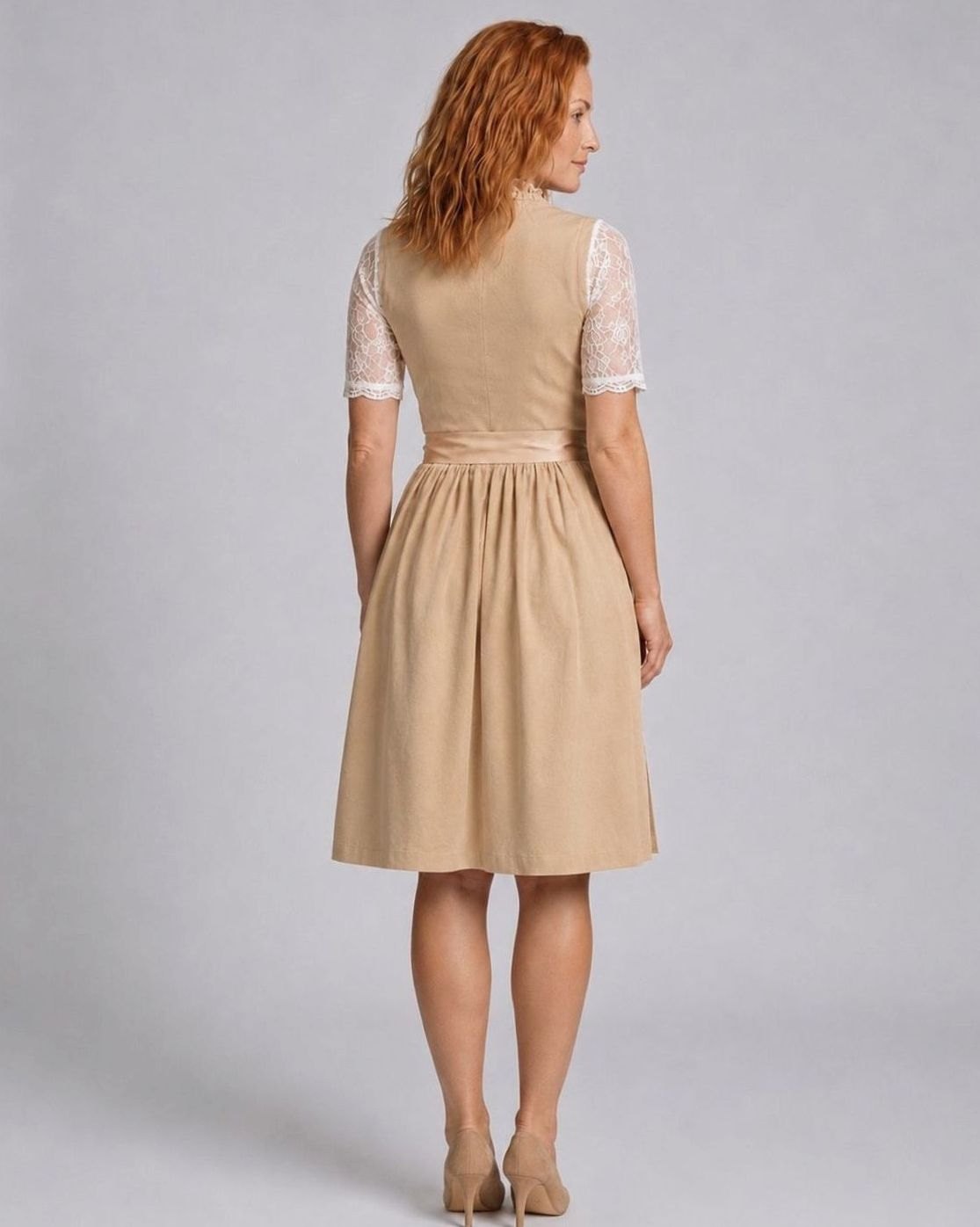 Women Floral Lace Dirndl Dress Lace-Up Bodice