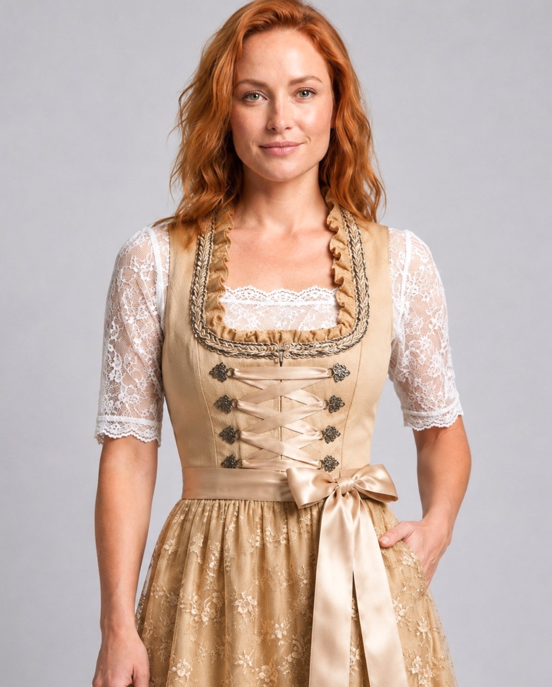 Women Floral Lace Dirndl Dress Lace-Up Bodice