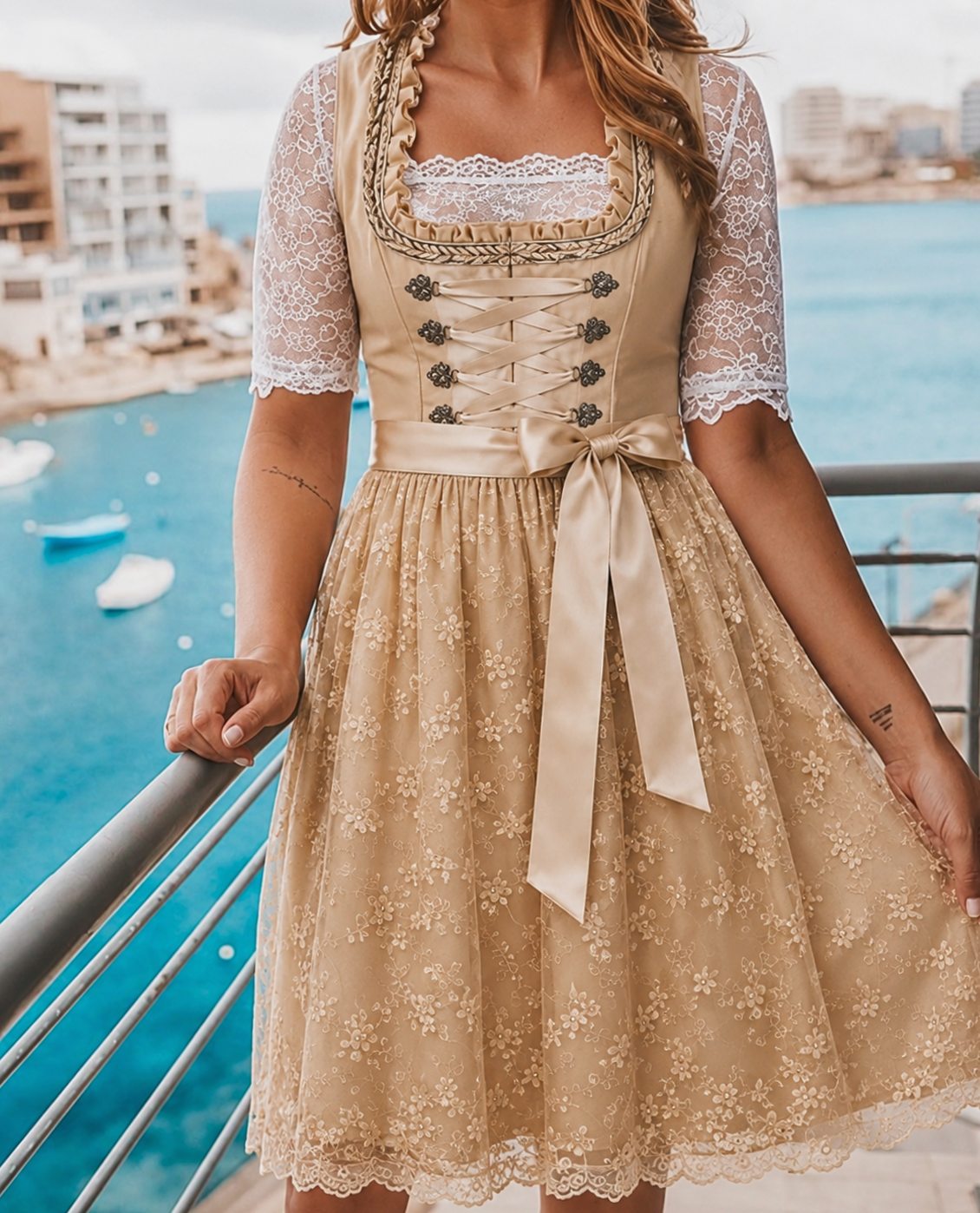 Women Floral Lace Dirndl Dress Lace-Up Bodice