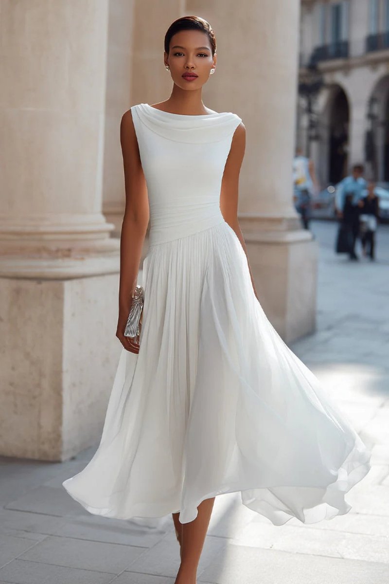 Odette | Women's Sleeveless Midi Dress | Cowl Neck, Pleated A-Line