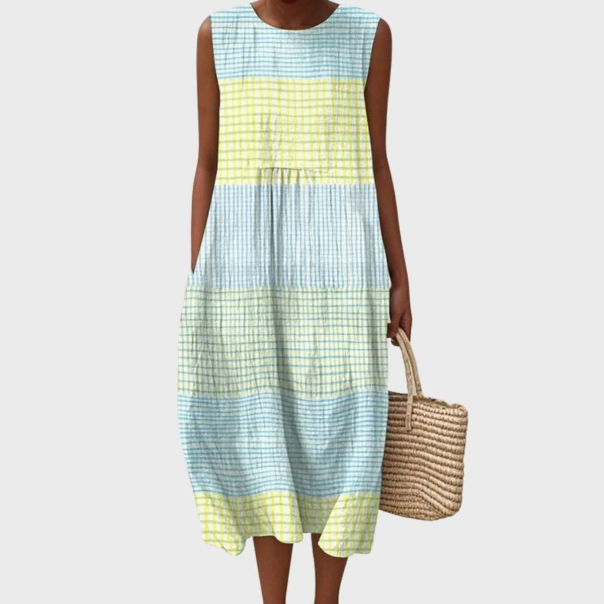 Thea | Women's Sleeveless Linen Midi Dress | Relaxed Fit, Check