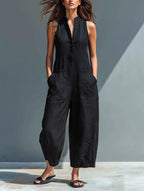 Freya | Women's Linen Jumpsuit | Sleeveless, Stand Collar, Button-Up