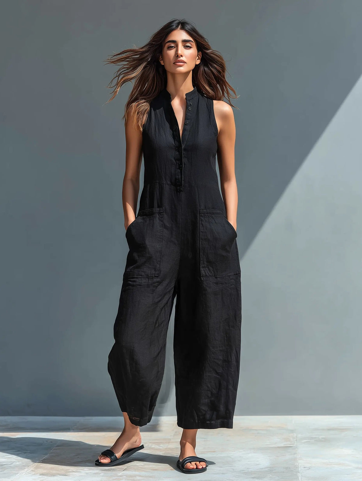 Freya | Women's Linen Jumpsuit | Sleeveless, Stand Collar, Button-Up