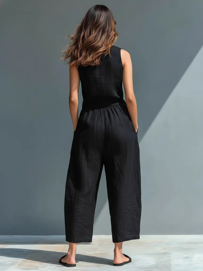 Freya | Women's Linen Jumpsuit | Sleeveless, Stand Collar, Button-Up