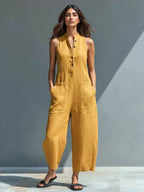 Freya | Women's Linen Jumpsuit | Sleeveless, Stand Collar, Button-Up