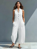 Freya | Women's Linen Jumpsuit | Sleeveless, Stand Collar, Button-Up