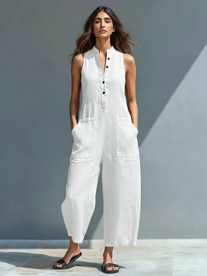Freya | Women's Linen Jumpsuit | Sleeveless, Stand Collar, Button-Up