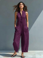 Freya | Women's Linen Jumpsuit | Sleeveless, Stand Collar, Button-Up