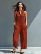 Freya | Women's Linen Jumpsuit | Sleeveless, Stand Collar, Button-Up