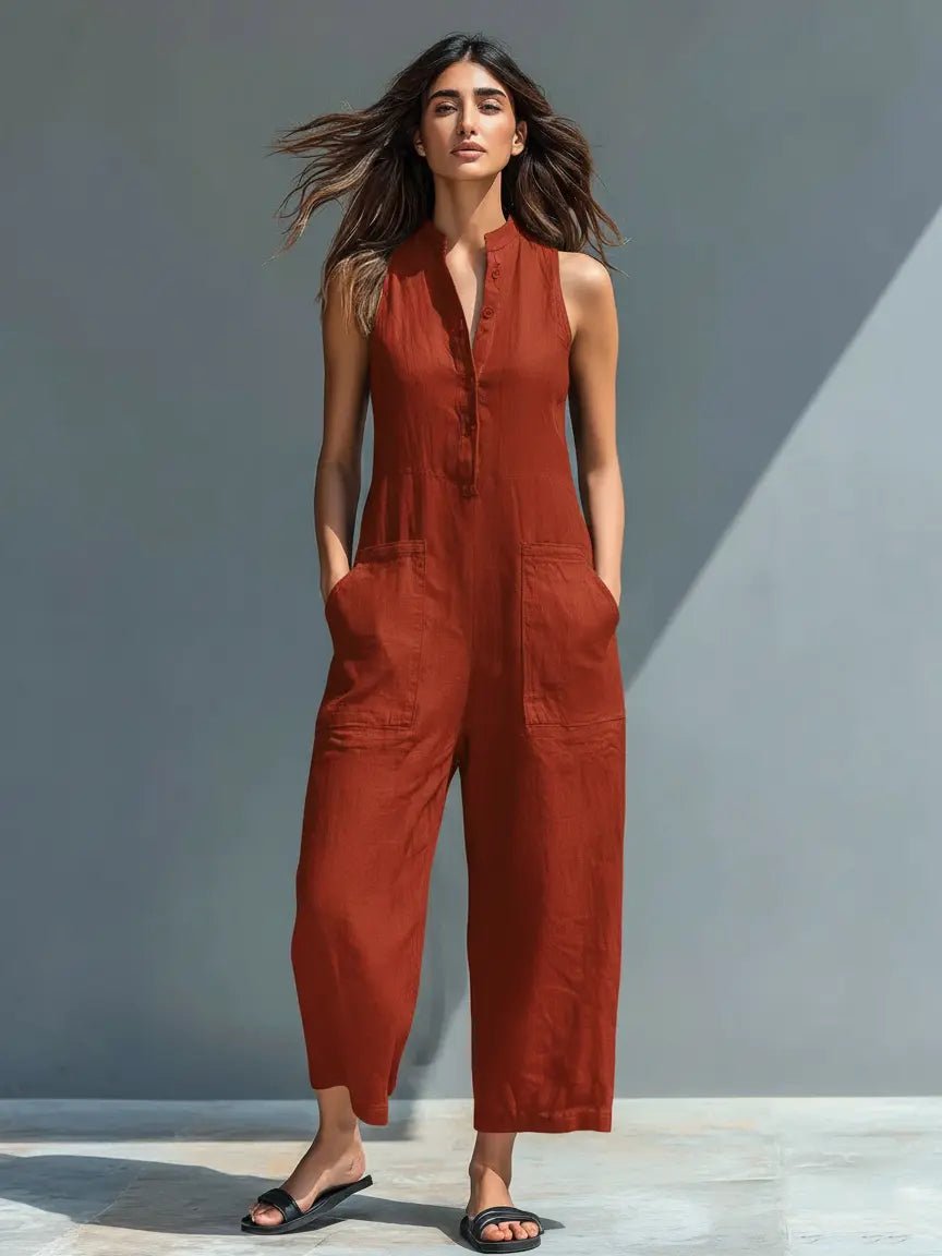Freya | Women's Linen Jumpsuit | Sleeveless, Stand Collar, Button-Up