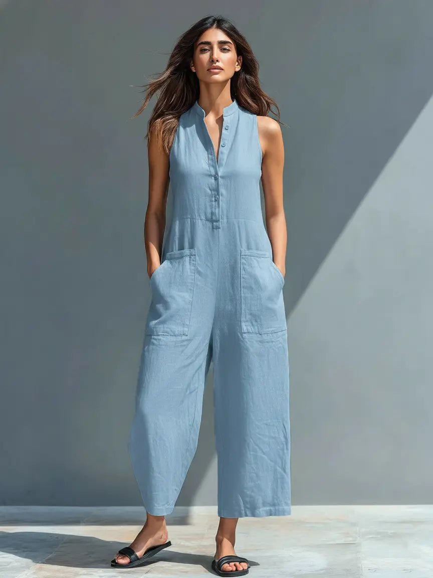 Freya | Women's Linen Jumpsuit | Sleeveless, Stand Collar, Button-Up