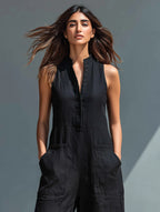 Freya | Women's Linen Jumpsuit | Sleeveless, Stand Collar, Button-Up