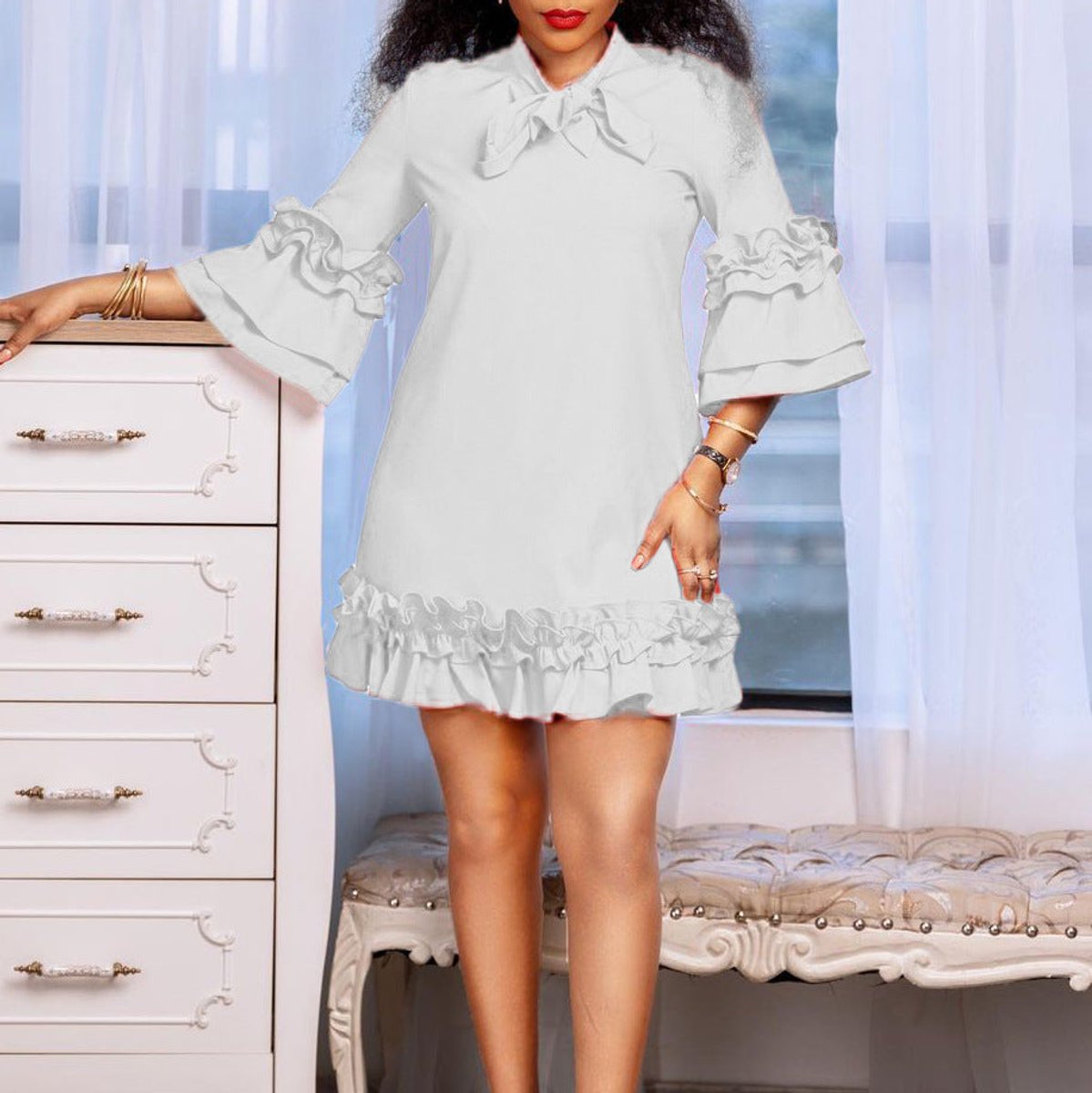 Thea | Women Ruffle Mini Dress Bow Collar