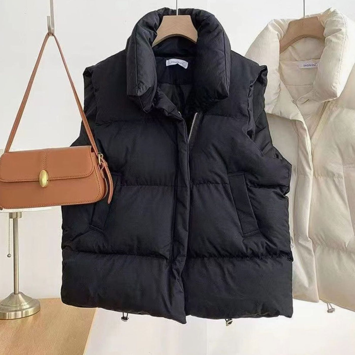 Women Quilted Vest Bodywarmer Shawl Collar Boxy Fit