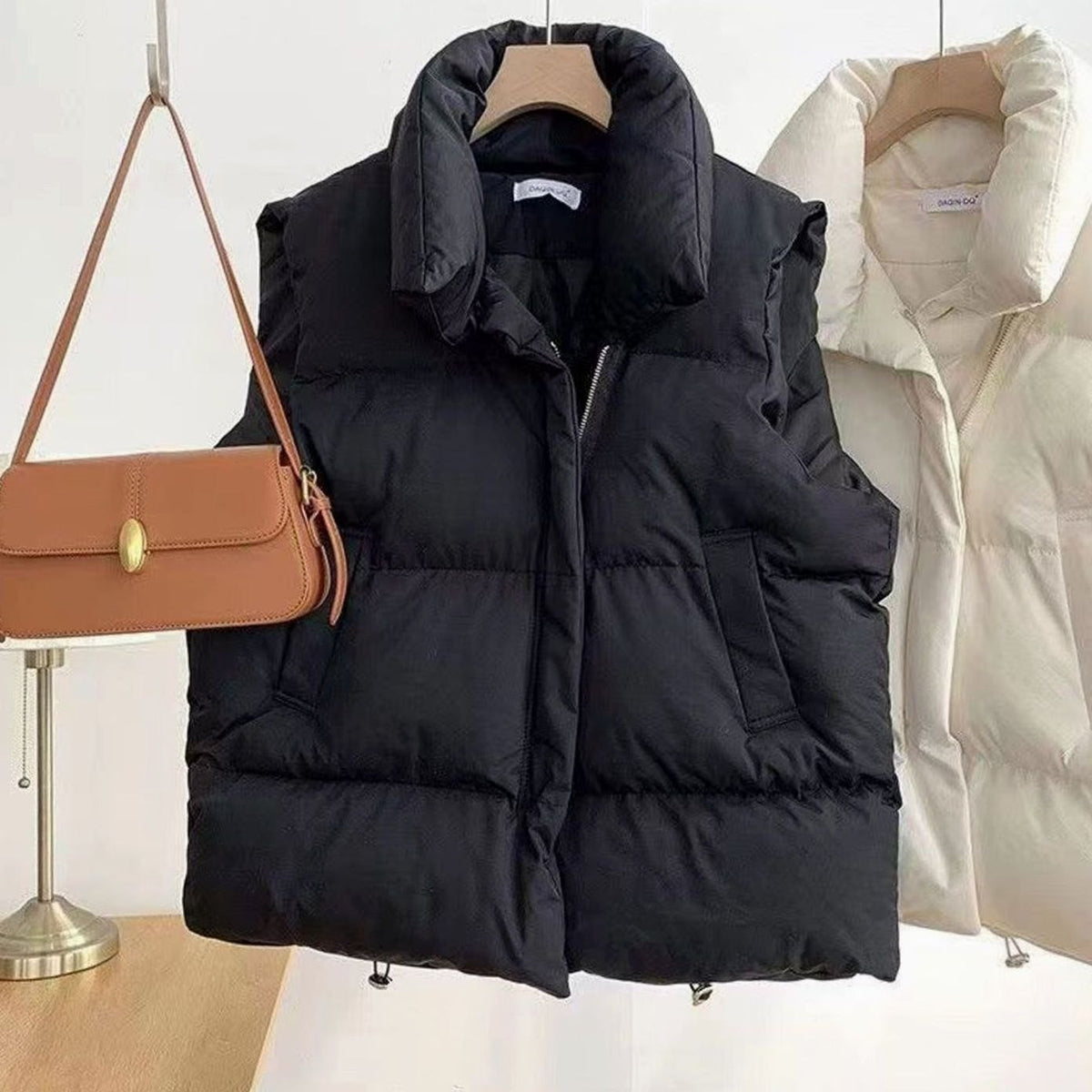 Women Quilted Vest Bodywarmer Shawl Collar Boxy Fit
