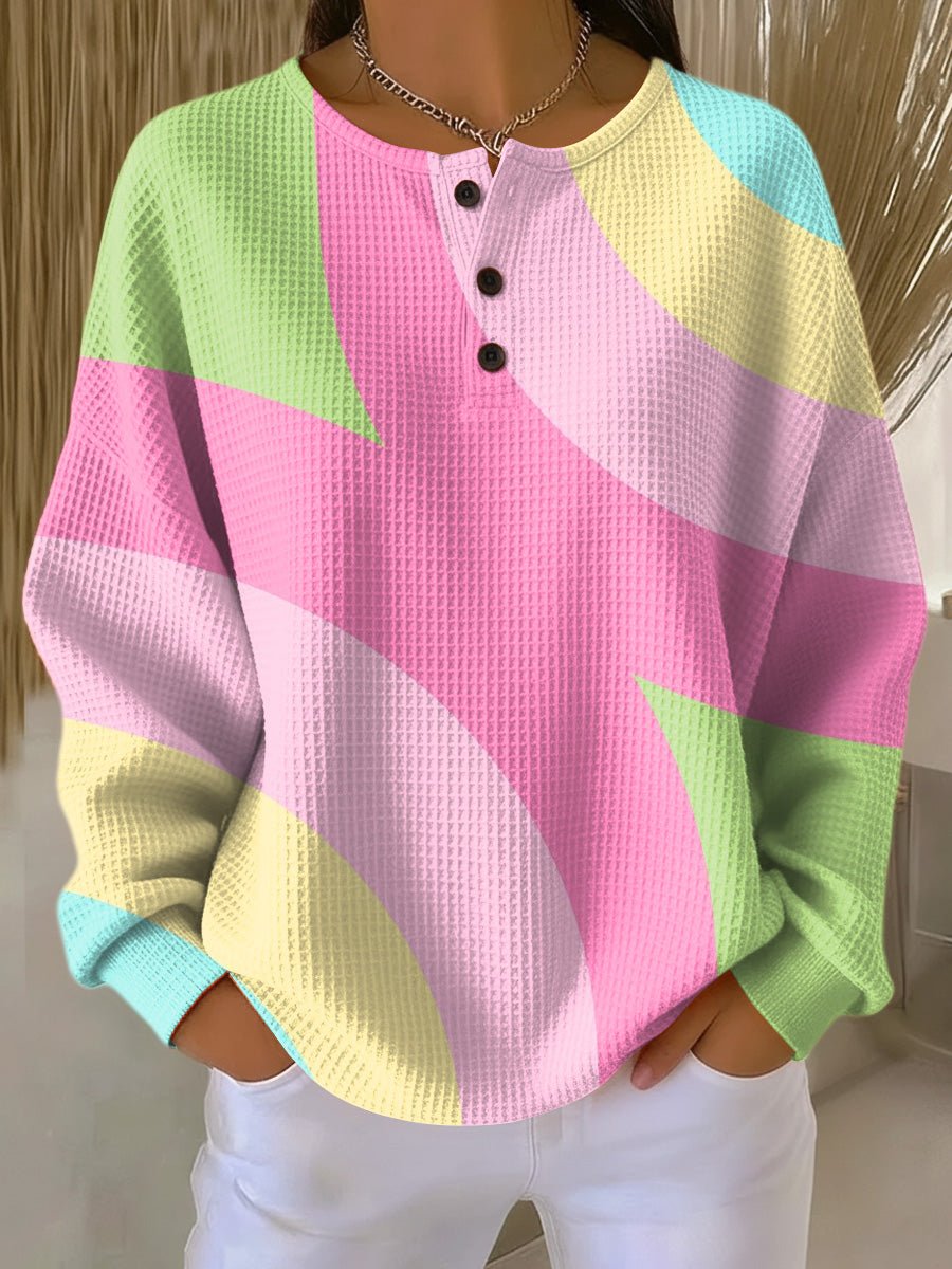 Women Waffle Knit Henley Pullover Sweater Color Block