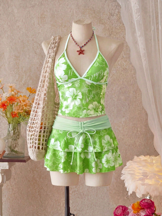 Women Bikini Sets with Skirt Floral Print Adjustable Straps | Jade