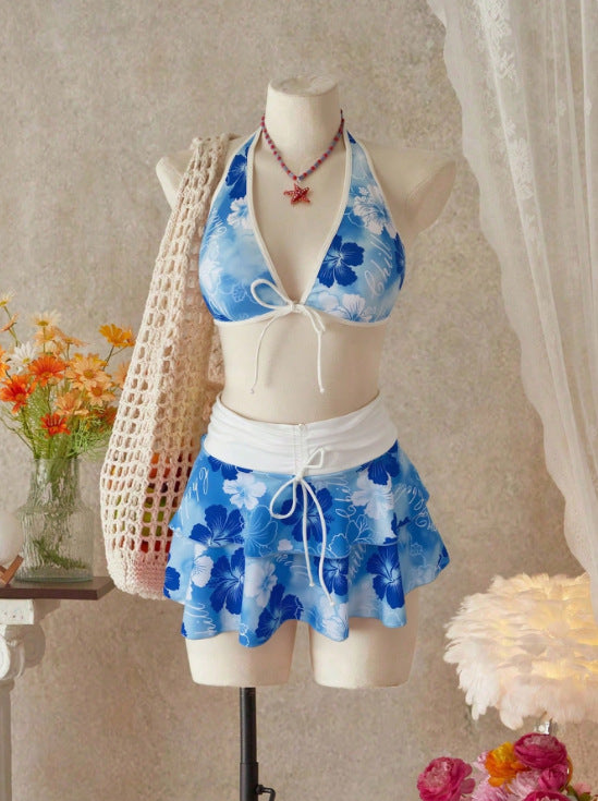 Women Bikini Sets with Skirt Floral Print Adjustable Straps | Jade