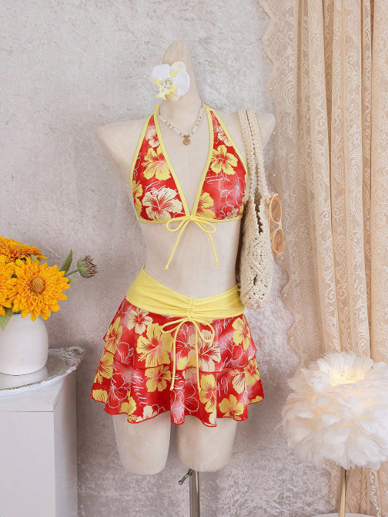 Women Bikini Sets with Skirt Floral Print Adjustable Straps | Jade